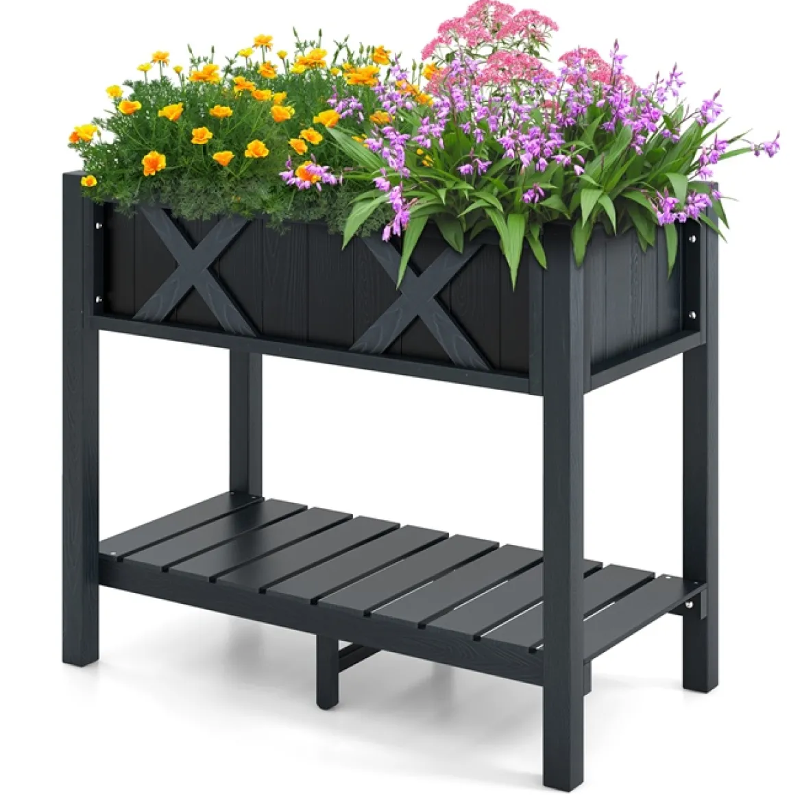 Hochbeet mit Ablage erhöhtes Blumenbeet Holz Pflanzkübel mit Drainagelöchern 86 x 45 x 73 cm Schwarz