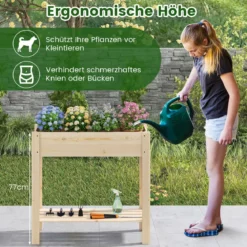 Hochbeet mit Ablage Erhöhtes Gartenbeet aus Holz Pflanzkasten mit Entwässerung 81 x 37 x 77 cm Natur