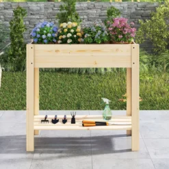Hochbeet mit Ablage Erhöhtes Gartenbeet aus Holz Pflanzkasten mit Entwässerung 81 x 37 x 77 cm Natur