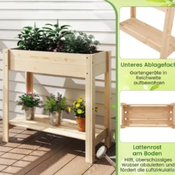 Hochbeet mit Ablage Erhöhtes Gartenbeet aus Holz Pflanzkasten mit Entwässerung 81 x 37 x 77 cm Natur