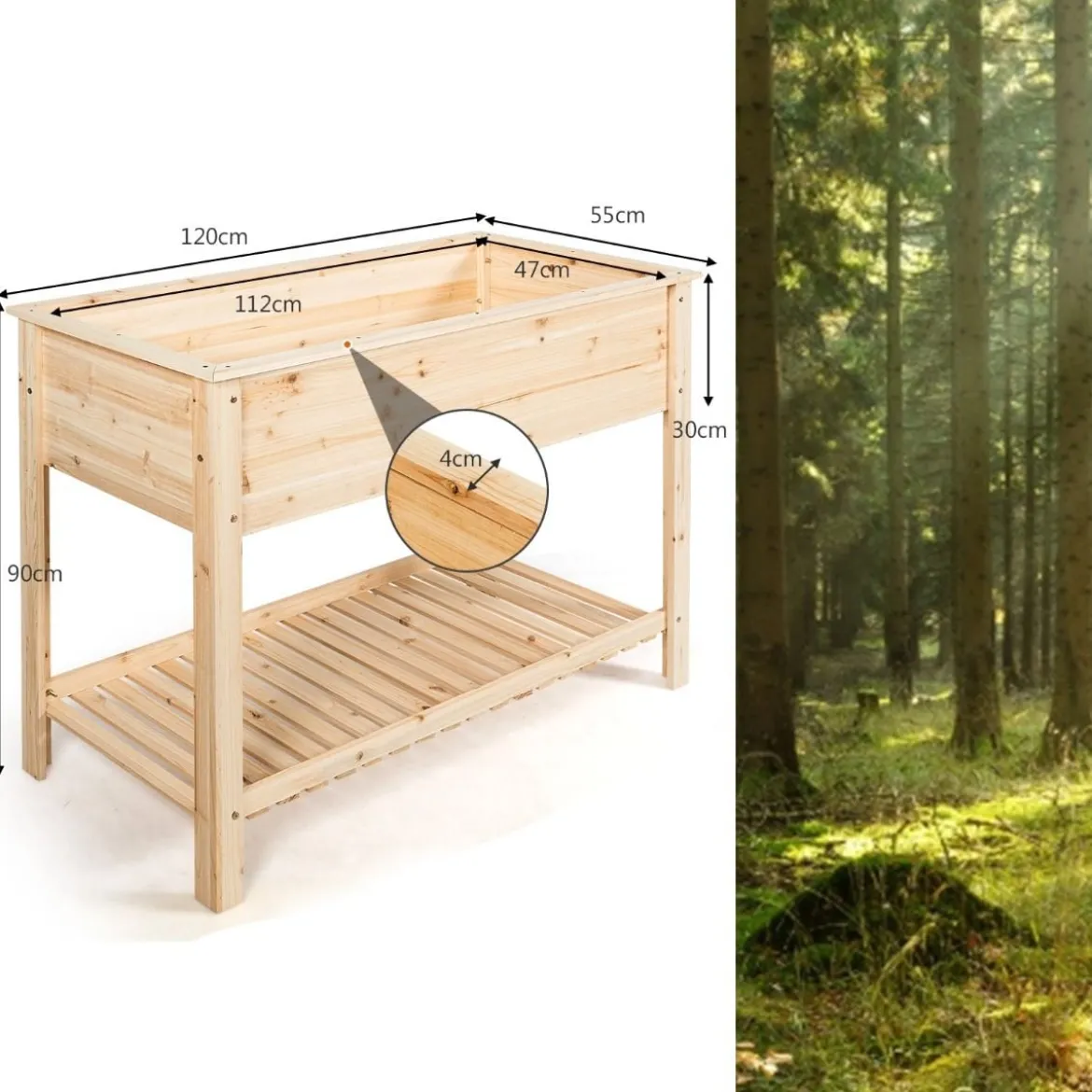 Hochbeet mit Ablage Pflanzkübel aus Holz Pflanzkasten 120 x 55 x 90 cm Natürlich