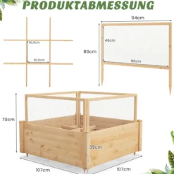 Hochbeet mit Gitterzaun Pflanzkasten aus Holz mit 4-seitigem Schutzzaun & Pflanzgitter Schutz vor Tierschäden 107 x 107 x 70 cm