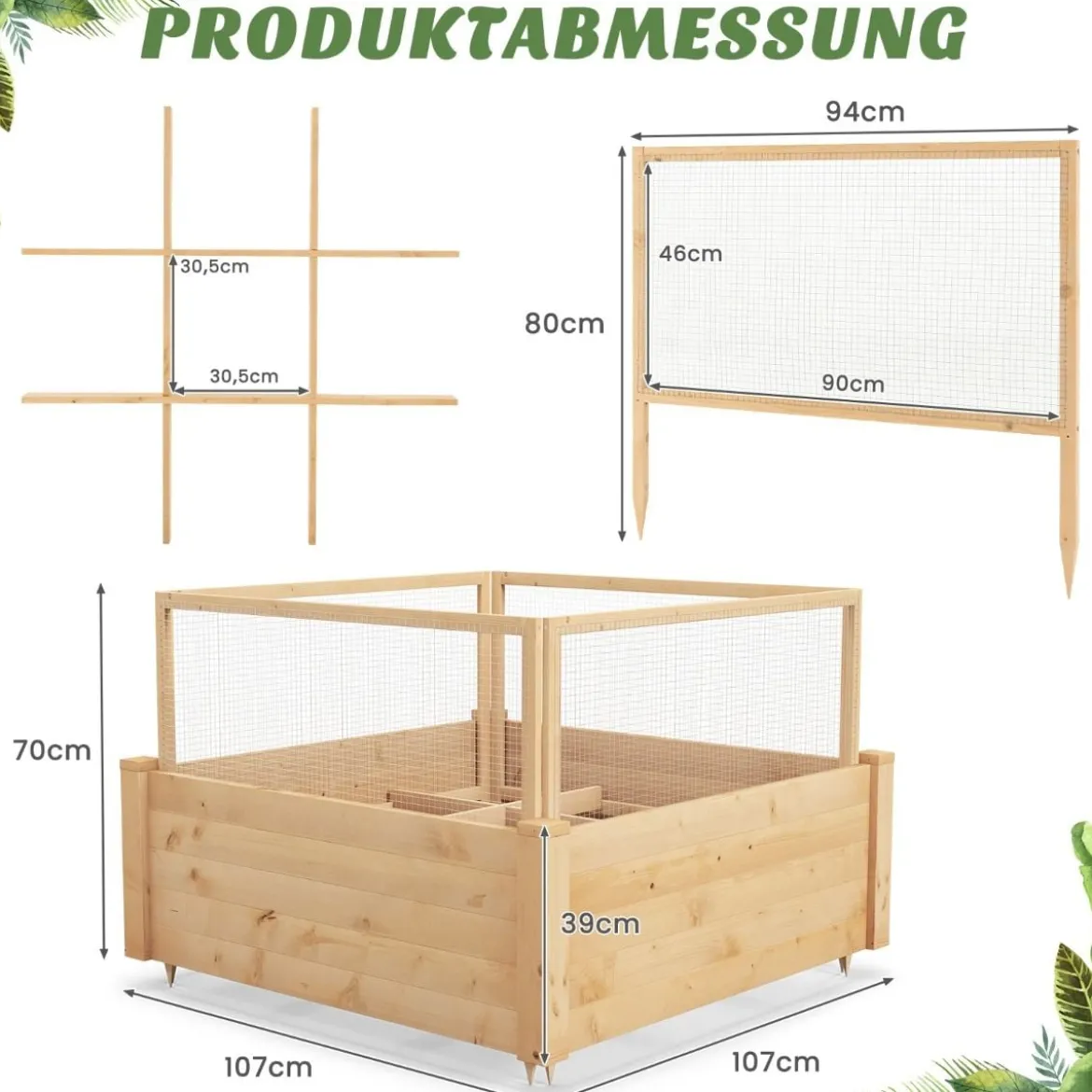 Hochbeet mit Gitterzaun Pflanzkasten aus Holz mit 4-seitigem Schutzzaun & Pflanzgitter Schutz vor Tierschäden 107 x 107 x 70 cm