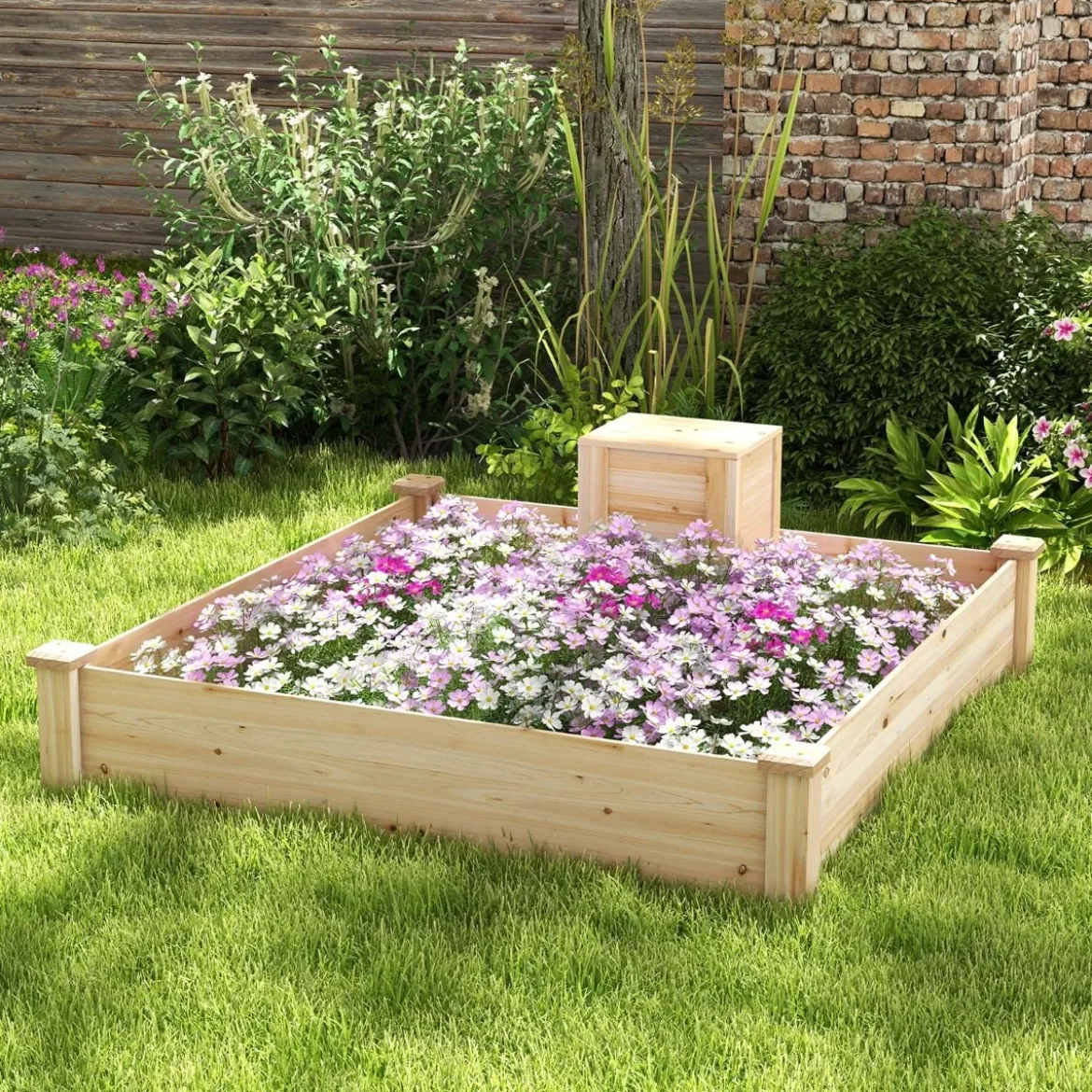Hochbeet mit Kompostbehälter Holz Gartenbeet 300 L kapazität Pflanzkasten 124 x 124 x 25,5 cm