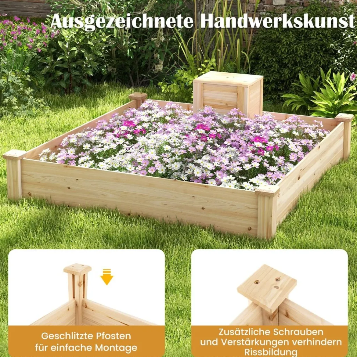 Hochbeet mit Kompostbehälter Holz Gartenbeet 300 L kapazität Pflanzkasten 124 x 124 x 25,5 cm