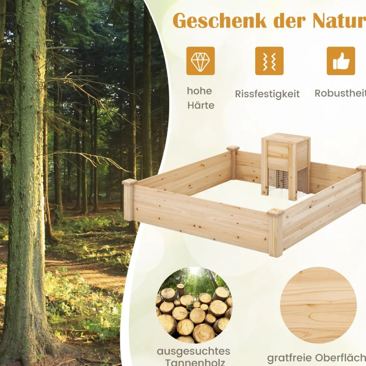 Hochbeet mit Kompostbehälter Holz Gartenbeet 300 L kapazität Pflanzkasten 124 x 124 x 25,5 cm