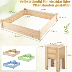 Hochbeet mit Kompostbehälter Holz Gartenbeet 300 L kapazität Pflanzkasten 124 x 124 x 25,5 cm