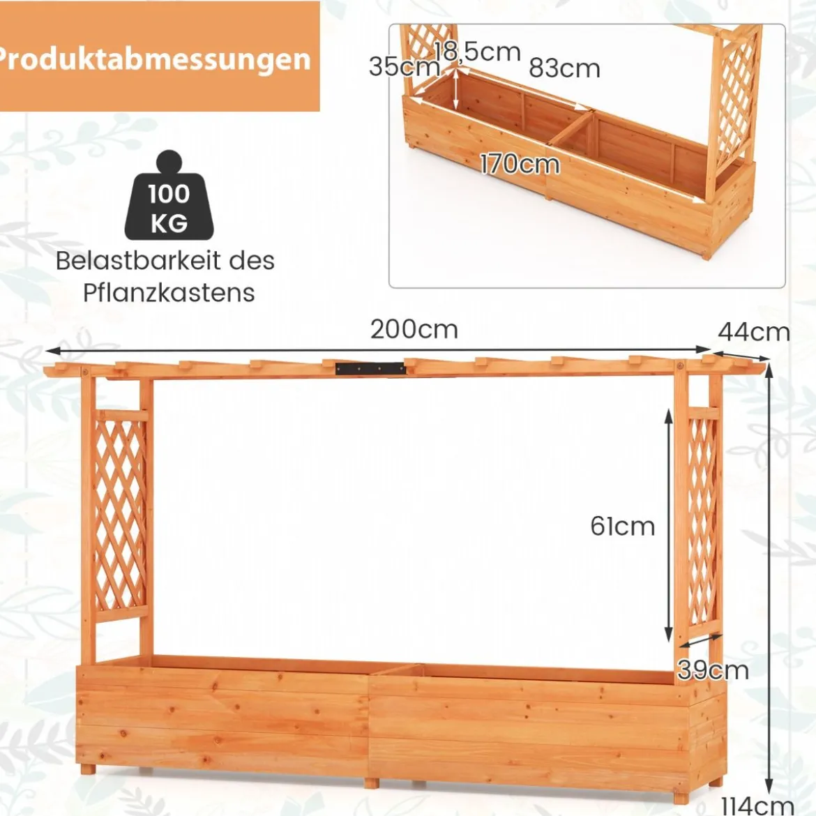 Hochbeet mit Rankgitter & hängendem Dach Pflanzkasten mit Rankhilfe Orange/Natur