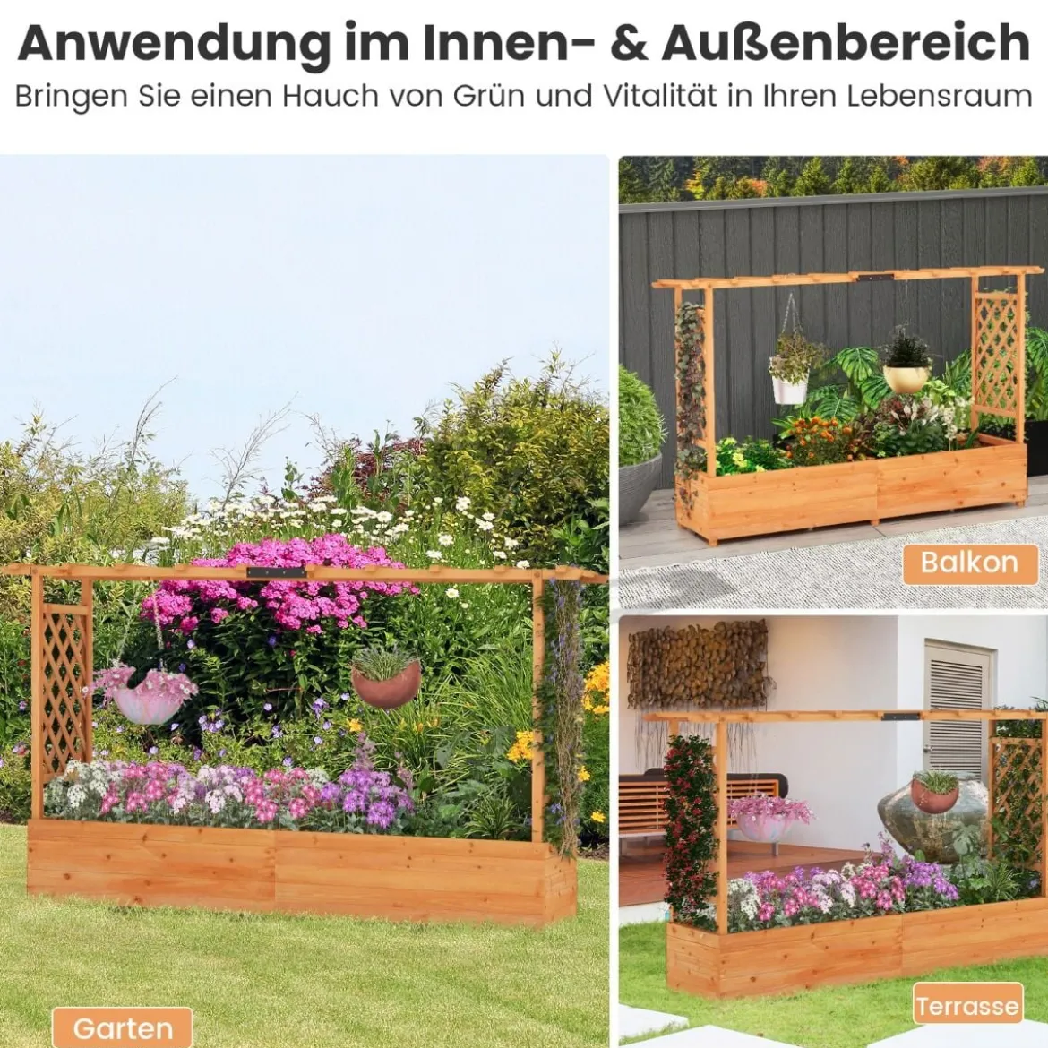 Hochbeet mit Rankgitter & hängendem Dach Pflanzkasten mit Rankhilfe Orange/Natur