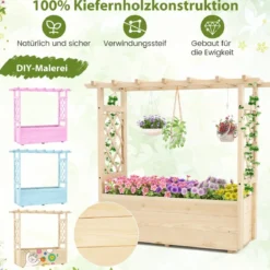 Hochbeet mit Rankgitter & hängendem Dach Pflanzkasten mit Rankhilfe & Abflusslöchern Natur 115 x 40 x 103 cm