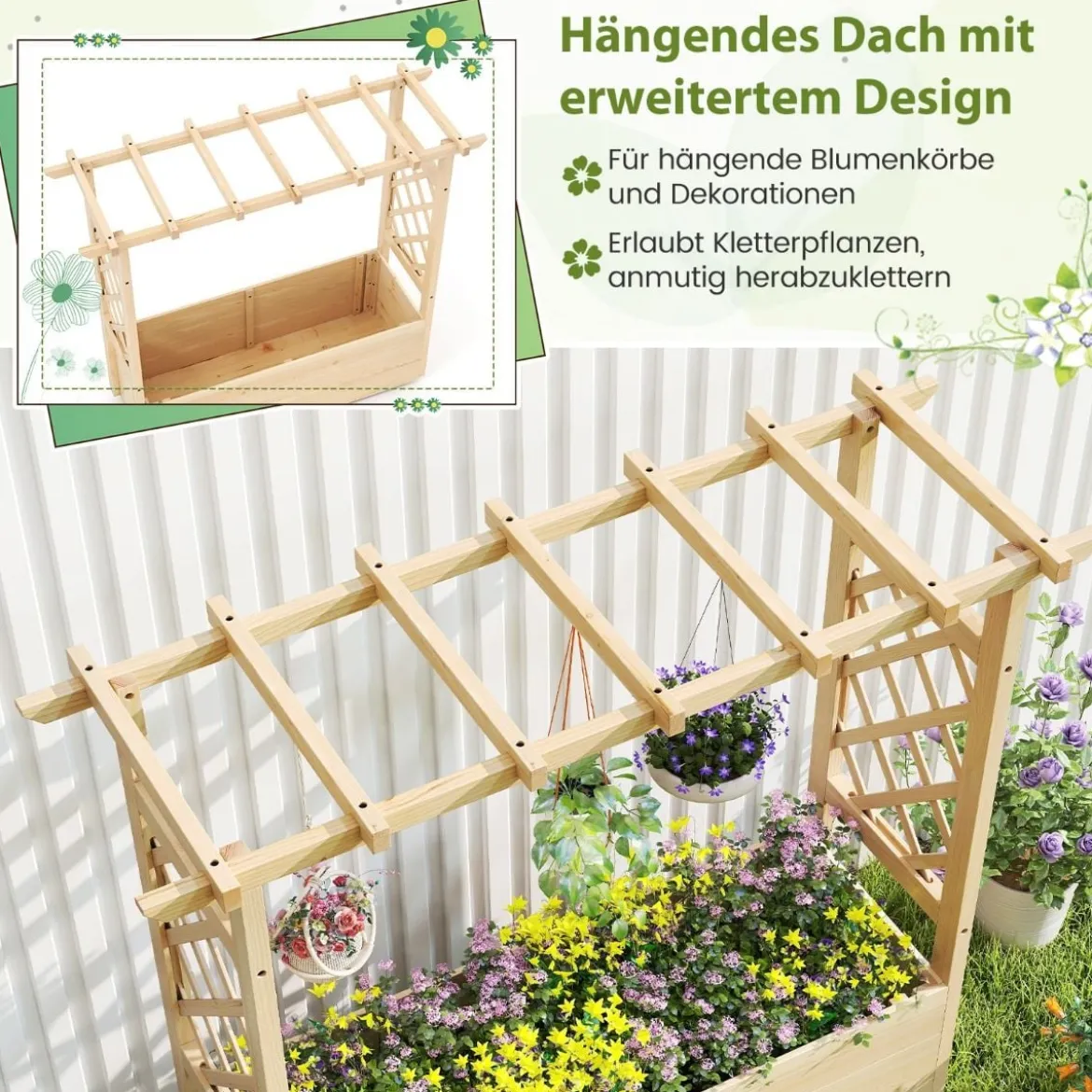 Hochbeet mit Rankgitter & hängendem Dach Pflanzkasten mit Rankhilfe & Abflusslöchern Natur 115 x 40 x 103 cm