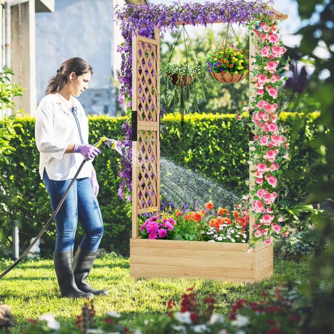 Hochbeet mit Rankgitter & hängendem Dach, Pflanzkasten mit Rankhilfe 110 x 44 x 182 cm