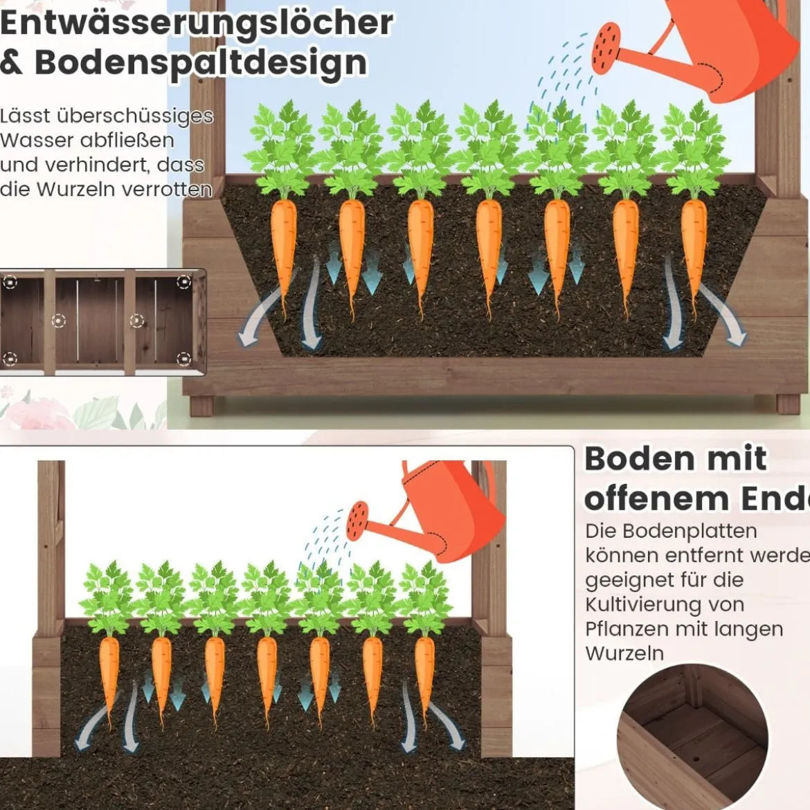 Hochbeet mit Rankgitter & hängendem Dach, Pflanzkasten mit Rankhilfe 110 x 44 x 182 cm