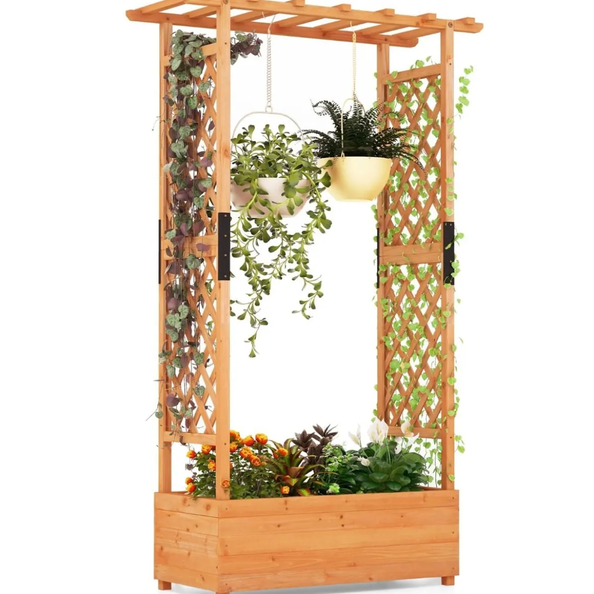 Hochbeet mit Rankgitter & hängendem Dach, Pflanzkasten mit Rankhilfe 110 x 44 x 182 cm