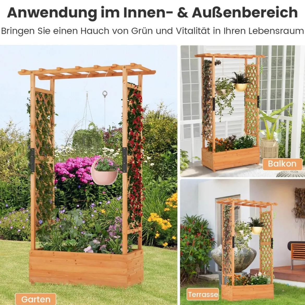 Hochbeet mit Rankgitter & hängendem Dach, Pflanzkasten mit Rankhilfe 110 x 44 x 182 cm