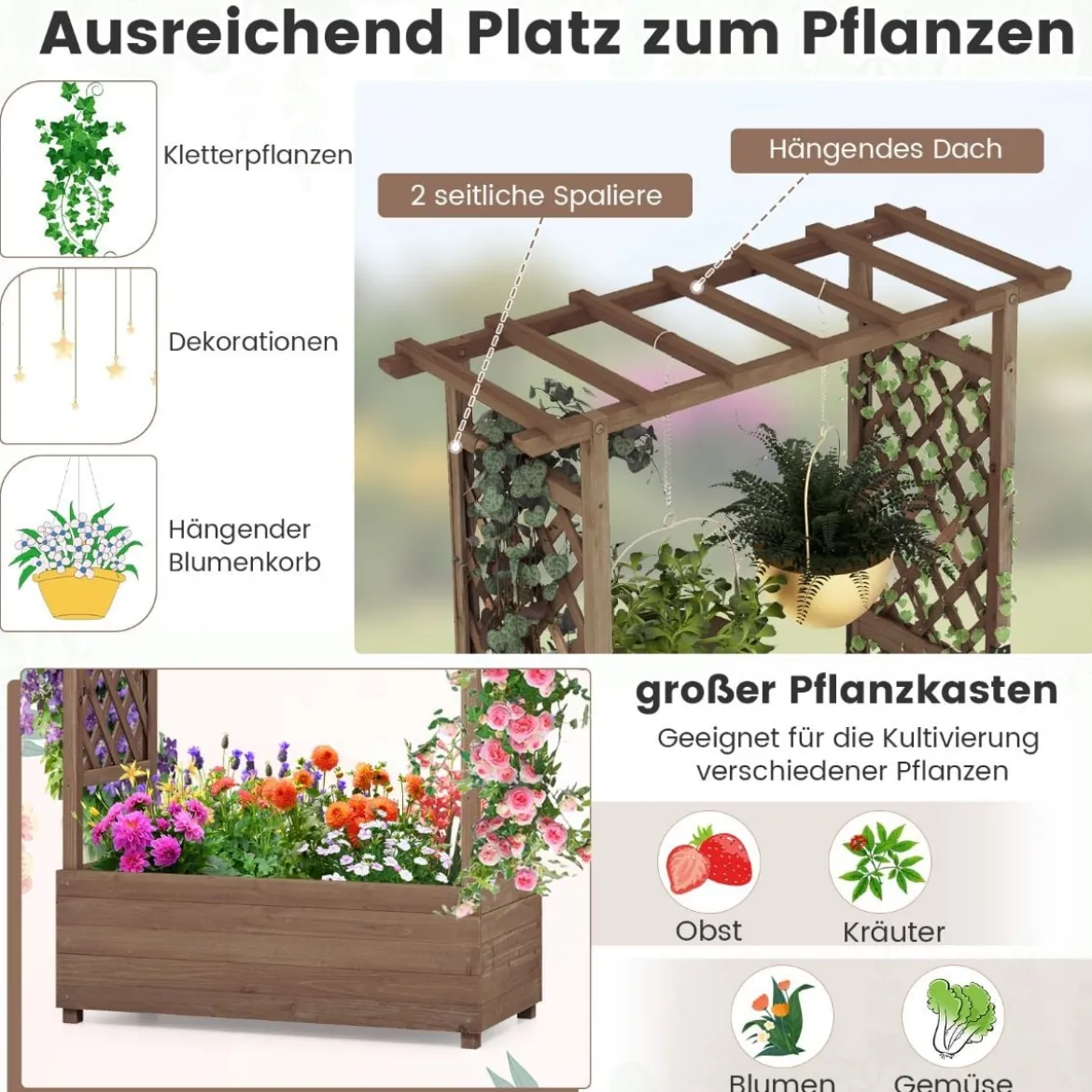 Hochbeet mit Rankgitter & hängendem Dach, Pflanzkasten mit Rankhilfe 110 x 44 x 182 cm