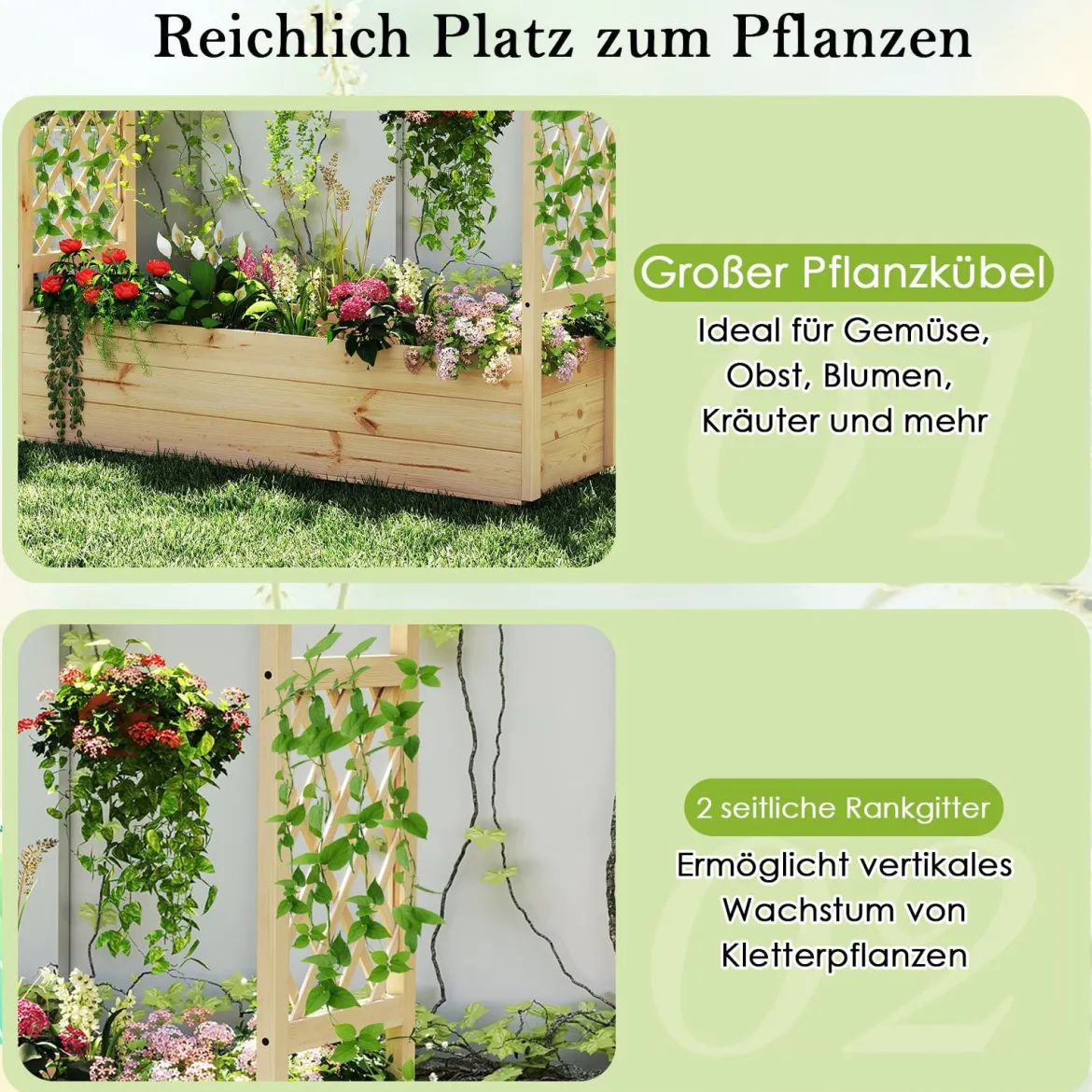 Hochbeet mit Rankgitter & hängendem Dach Pflanzkasten mit Rankhilfe & Abflusslöchern Blumenkasten Natur 150 x 50 x 104 cm