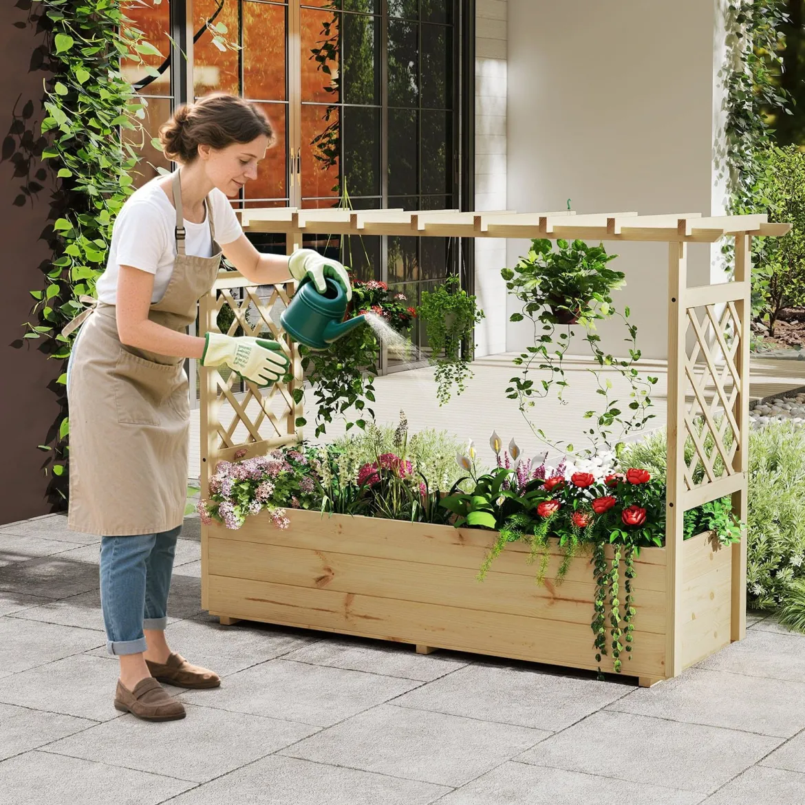 Hochbeet mit Rankgitter & hängendem Dach Pflanzkasten mit Rankhilfe & Abflusslöchern Blumenkasten Natur 150 x 50 x 104 cm