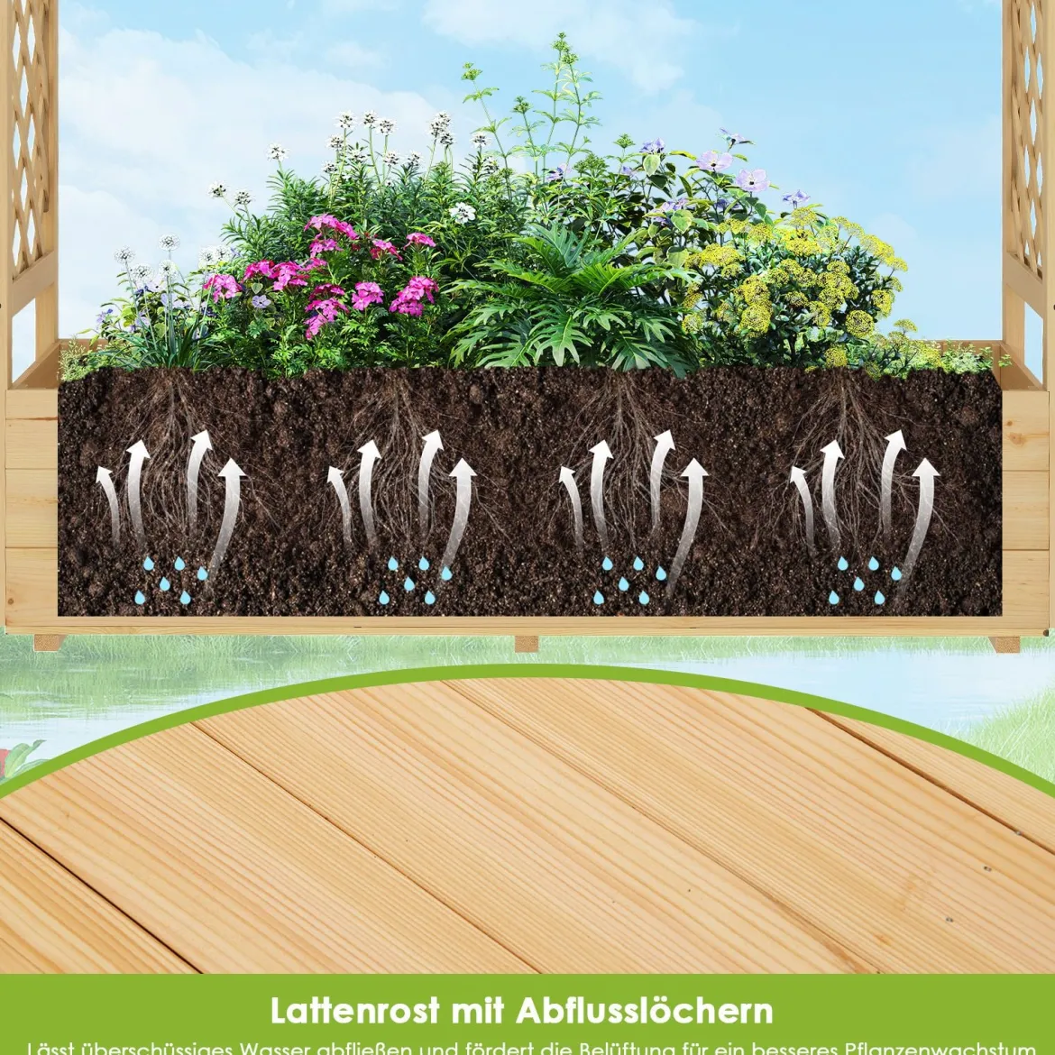 Hochbeet mit Rankgitter & hängendem Dach Pflanzkasten mit Rankhilfe & Abflusslöchern Blumenkasten Natur 150 x 50 x 104 cm