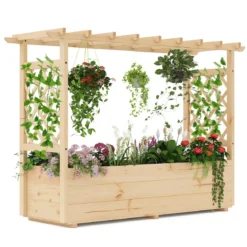 Hochbeet mit Rankgitter & hängendem Dach Pflanzkasten mit Rankhilfe & Abflusslöchern Blumenkasten Natur 150 x 50 x 104 cm