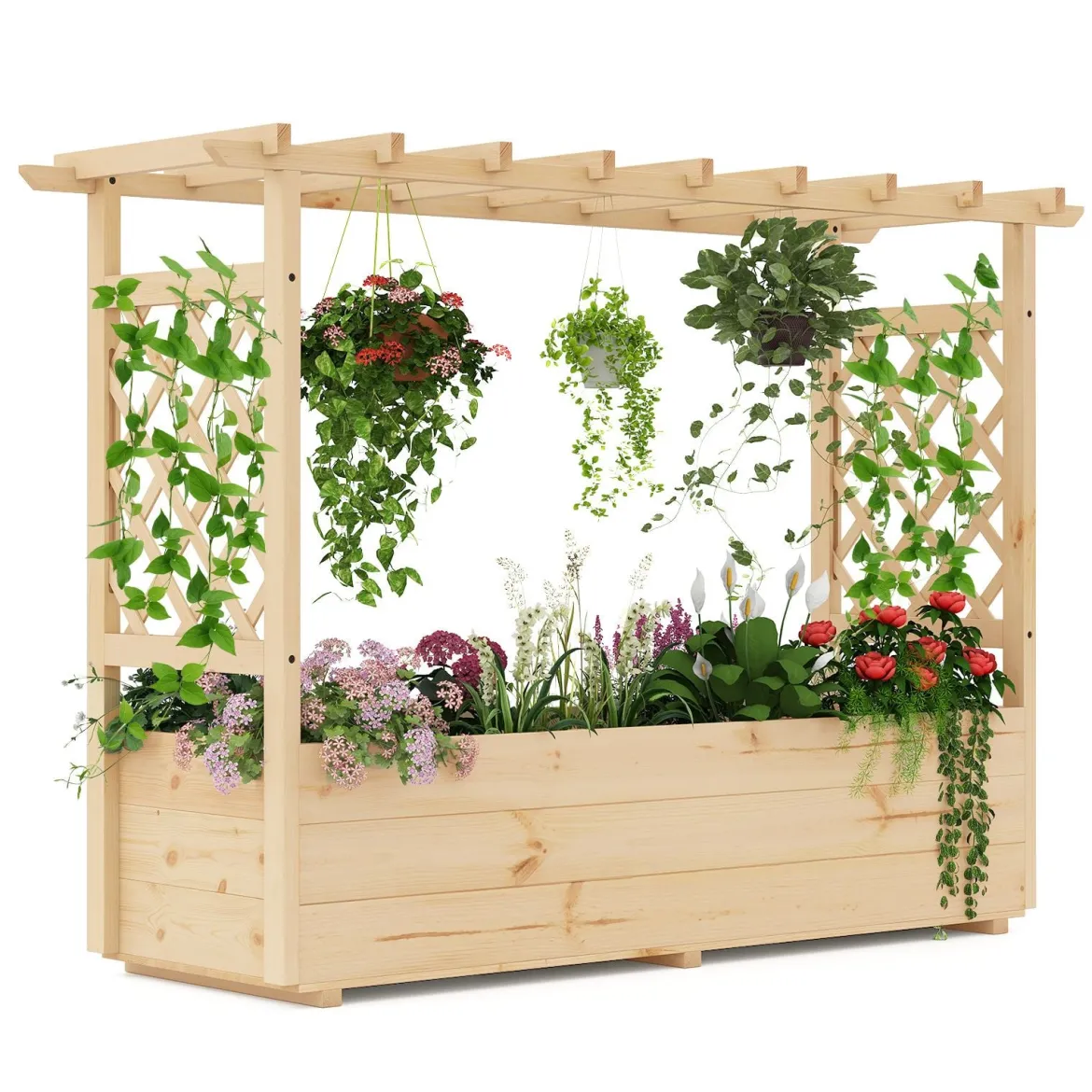 Hochbeet mit Rankgitter & hängendem Dach Pflanzkasten mit Rankhilfe & Abflusslöchern Blumenkasten Natur 150 x 50 x 104 cm