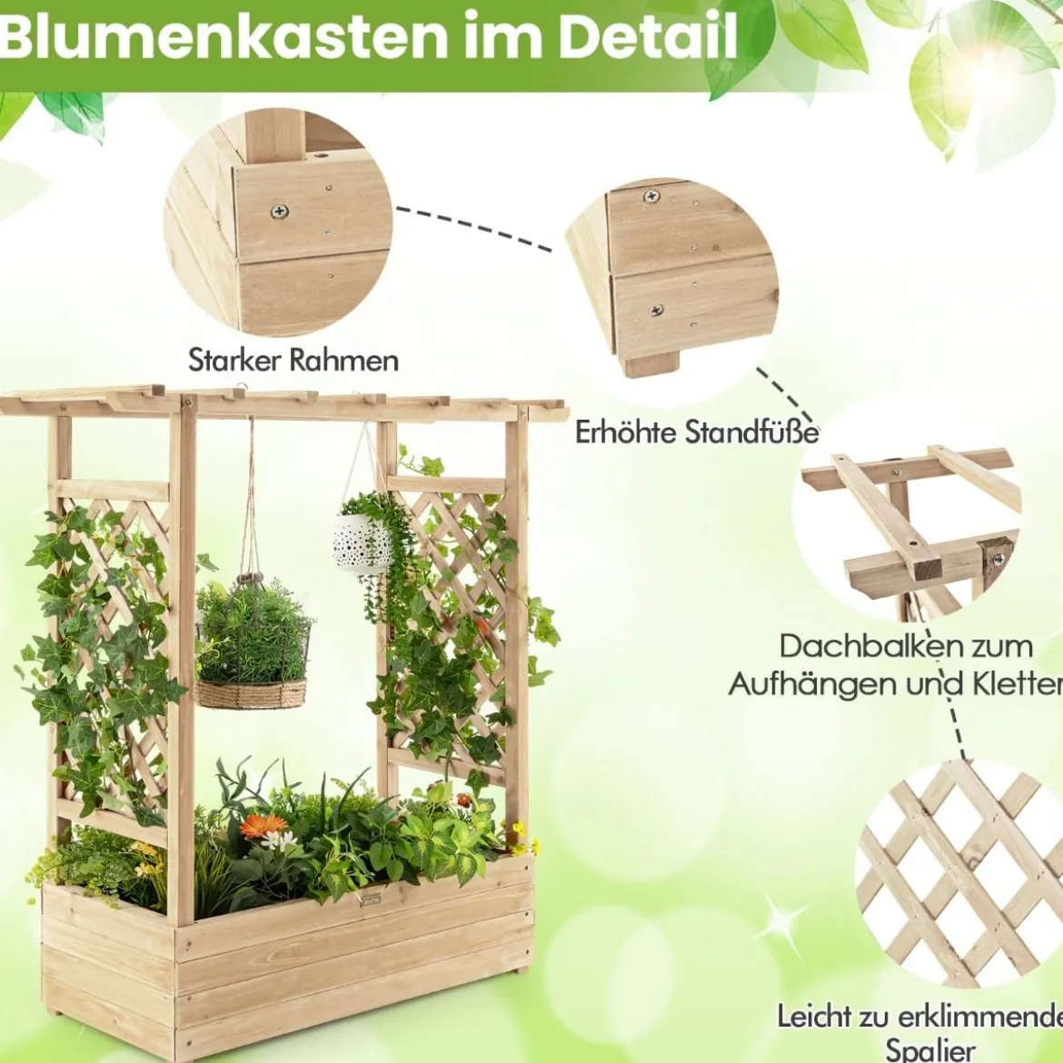 Hochbeet mit Rankgitter & Hängendem Dach Pflanzkasten Blumenkasten für Kletterpflanzen