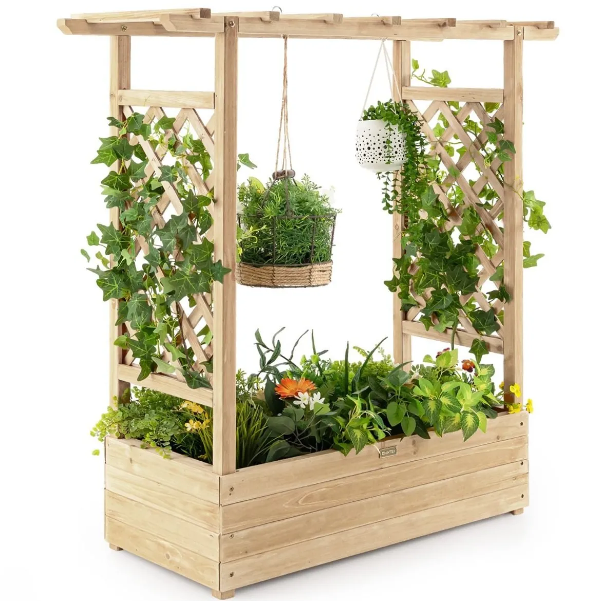 Hochbeet mit Rankgitter & Hängendem Dach Pflanzkasten Blumenkasten für Kletterpflanzen
