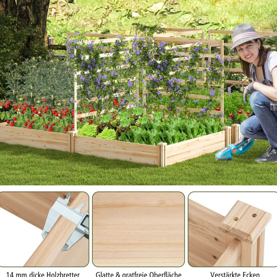 Hochbeet mit Rankgitter Pflanzkasten Tannenholz Pflanzkübel mit Sichtschutz 222 x 114 x 110 cm Braun/Natur