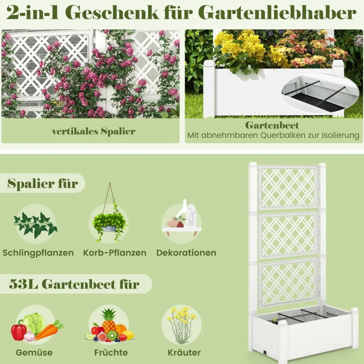Hochbeet mit Rankgitter 3-stufig höhenverstellbar Blumenkasten mit Spalier 76 x 45 x 150 cm Weiß