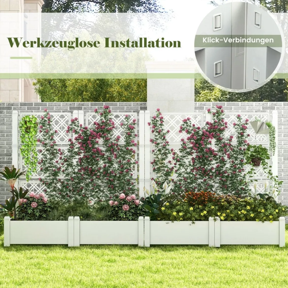 Hochbeet mit Rankgitter 3-stufig höhenverstellbar Blumenkasten mit Spalier 76 x 45 x 150 cm Weiß