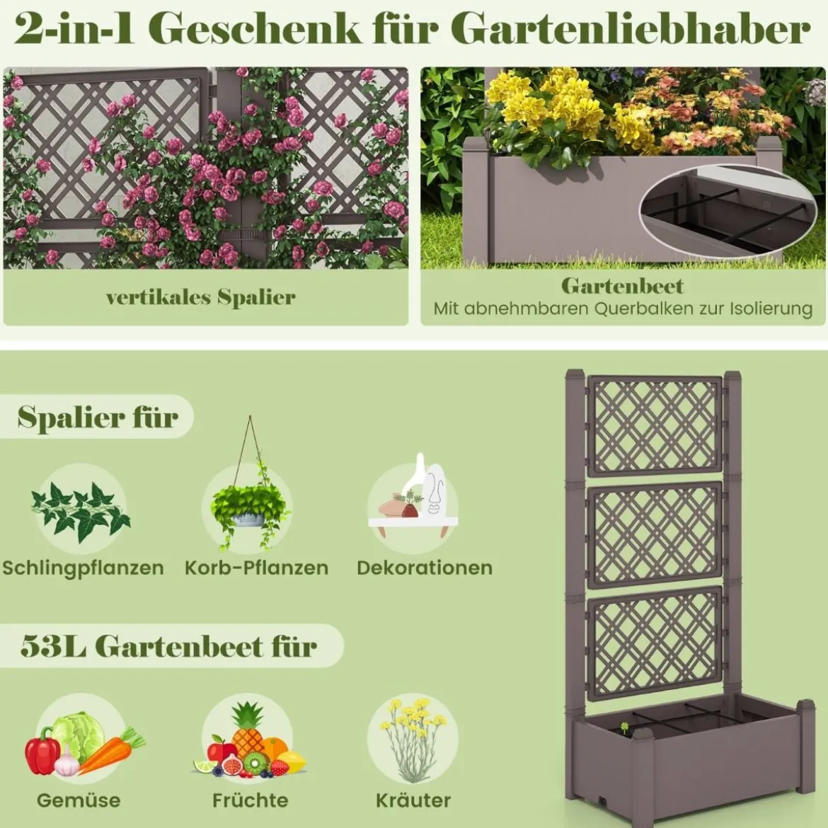 Hochbeet mit Rankgitter 3-stufig höhenverstellbar Blumenkasten mit Spalier 76 x 45 x 150 cm Kaffee