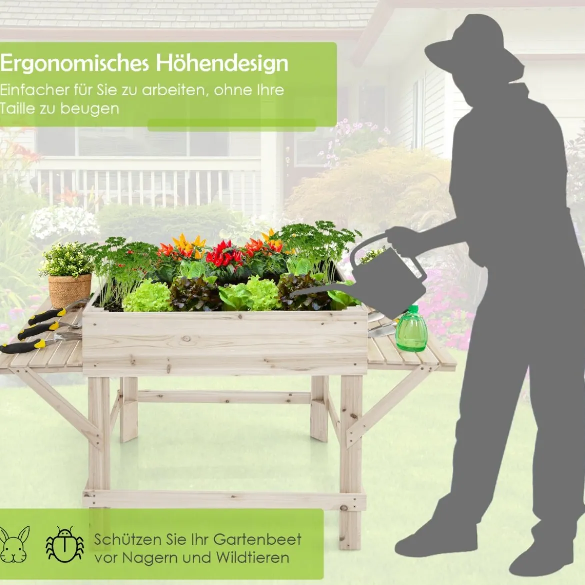 Hochbeet mit 2 Seitenablage Pflanzkübel Holz Pflanzkasten Blumenbeet Kräuterbeet Pflanztrog Natur