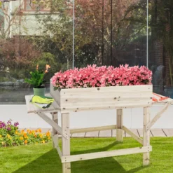 Hochbeet mit 2 Seitenablage Pflanzkübel Holz Pflanzkasten Blumenbeet Kräuterbeet Pflanztrog Natur