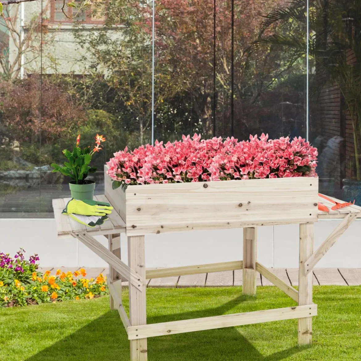 Hochbeet mit 2 Seitenablage Pflanzkübel Holz Pflanzkasten Blumenbeet Kräuterbeet Pflanztrog Natur
