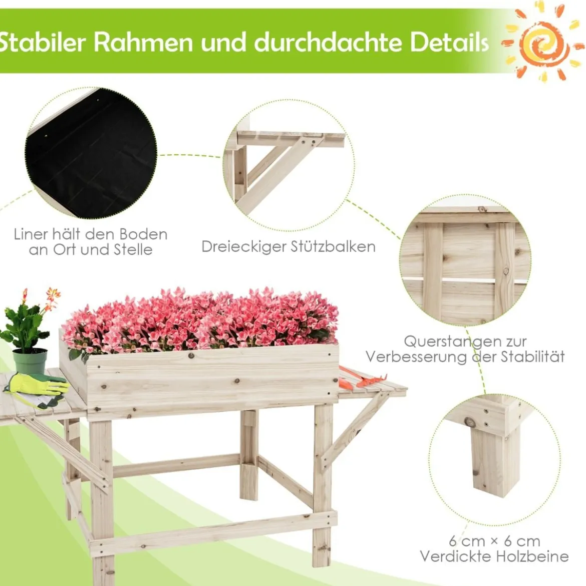 Hochbeet mit 2 Seitenablage Pflanzkübel Holz Pflanzkasten Blumenbeet Kräuterbeet Pflanztrog Natur