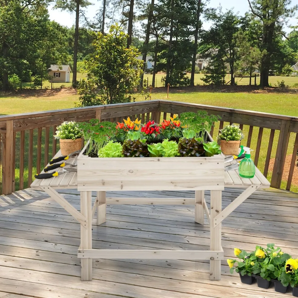 Hochbeet mit 2 Seitenablage Pflanzkübel Holz Pflanzkasten Blumenbeet Kräuterbeet Pflanztrog Natur