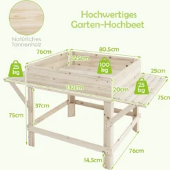 Hochbeet mit 2 Seitenablage Pflanzkübel Holz Pflanzkasten Blumenbeet Kräuterbeet Pflanztrog Natur