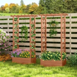Hochbeet mit Spalier freistehender Pflanzkasten aus Holz mit Überdachung Abflusslöchern Orange