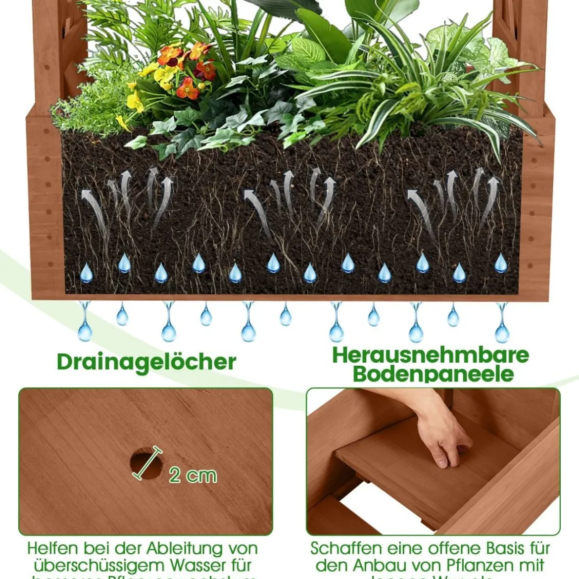 Hochbeet mit Spalier freistehender Pflanzkasten aus Holz mit Überdachung Abflusslöchern Orange