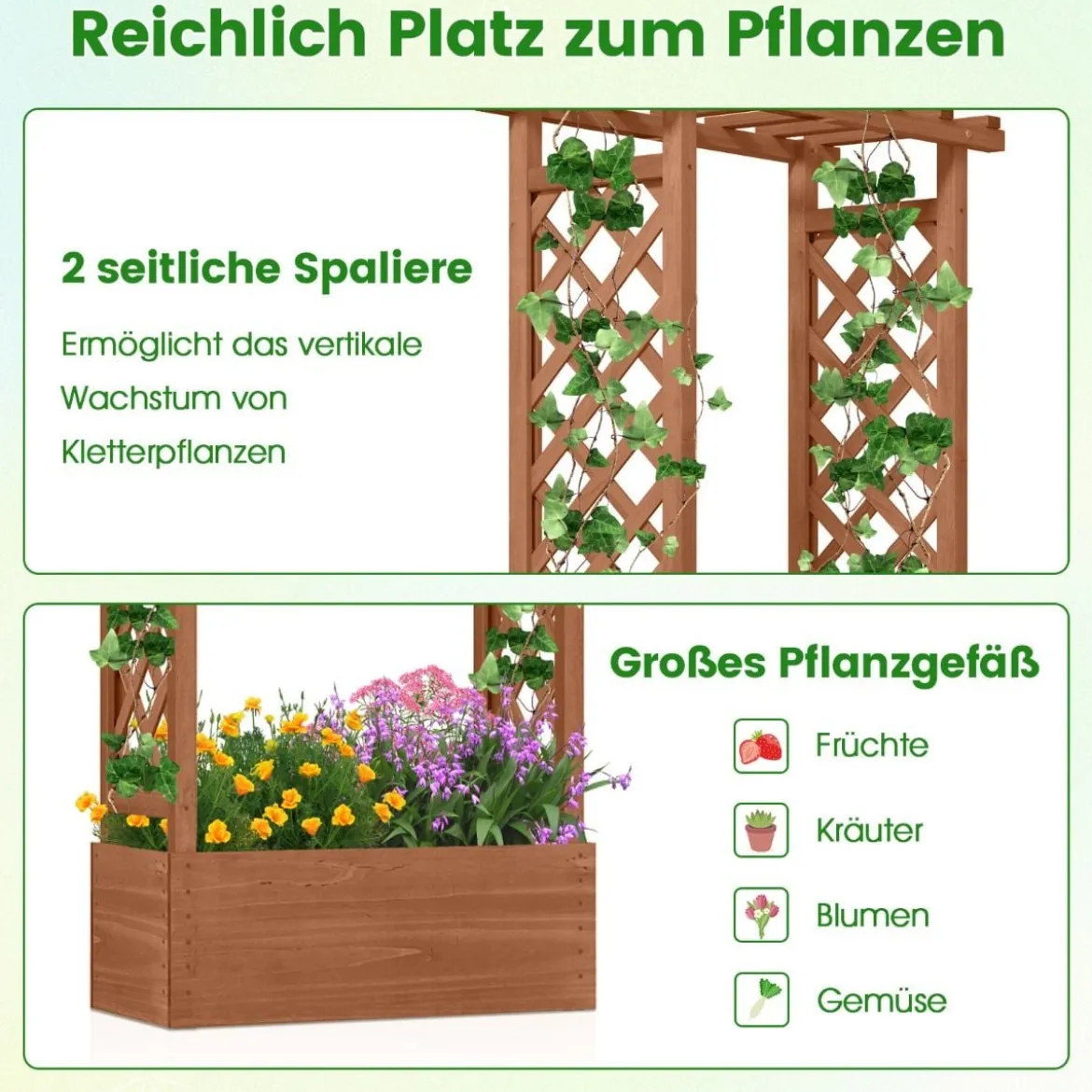 Hochbeet mit Spalier freistehender Pflanzkasten aus Holz mit Überdachung Abflusslöchern Orange