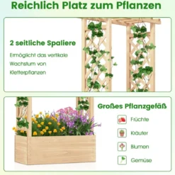 Hochbeet mit Spalier freistehender Pflanzkasten aus Holz mit Überdachung Abflusslöchern Natur