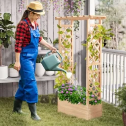 Hochbeet mit Spalier freistehender Pflanzkasten aus Holz mit Überdachung Abflusslöchern Natur