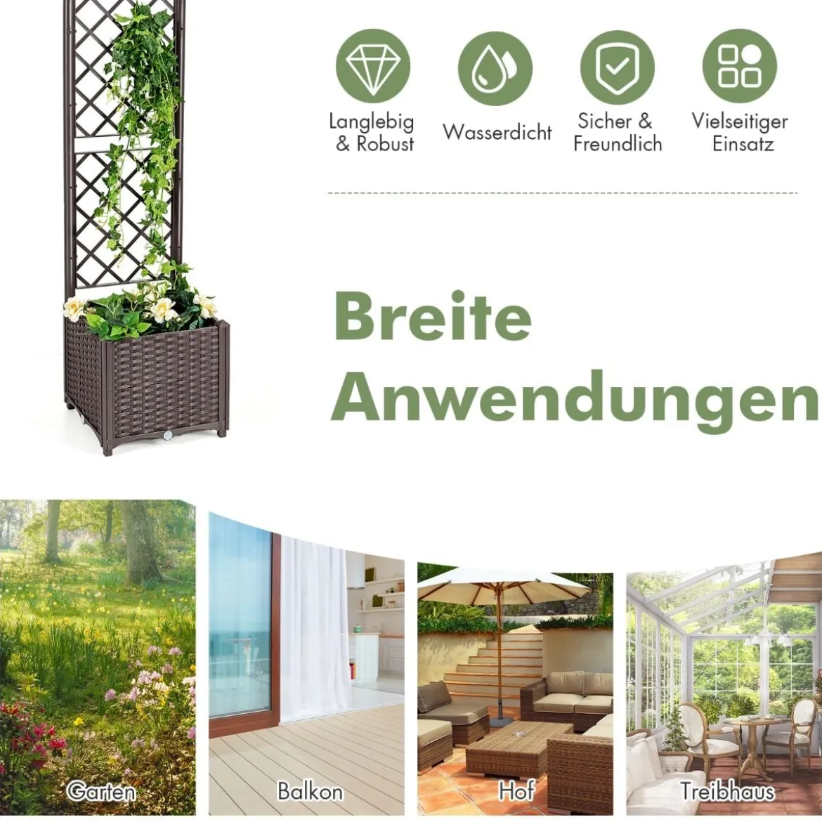 Hochbeet mit Spalier Pflanzgefäß für Kletterpflanzen 40 x 40 x135 cm Braun