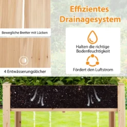 Hochbeet mit Spalier und Ablage Blumenbeet mit Ablauflöchern Gartenbeet Pflanzkasten Holz Blumenkasten 116 x 59 x 150 cm Natur