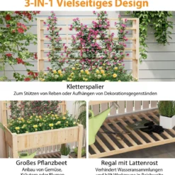 Hochbeet mit Spalier und Ablage Blumenbeet mit Ablauflöchern Gartenbeet Pflanzkasten Holz Blumenkasten 116 x 59 x 150 cm Natur