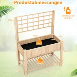 Hochbeet mit Spalier und Ablage Blumenbeet mit Ablauflöchern Gartenbeet Pflanzkasten Holz Blumenkasten 116 x 59 x 150 cm Natur