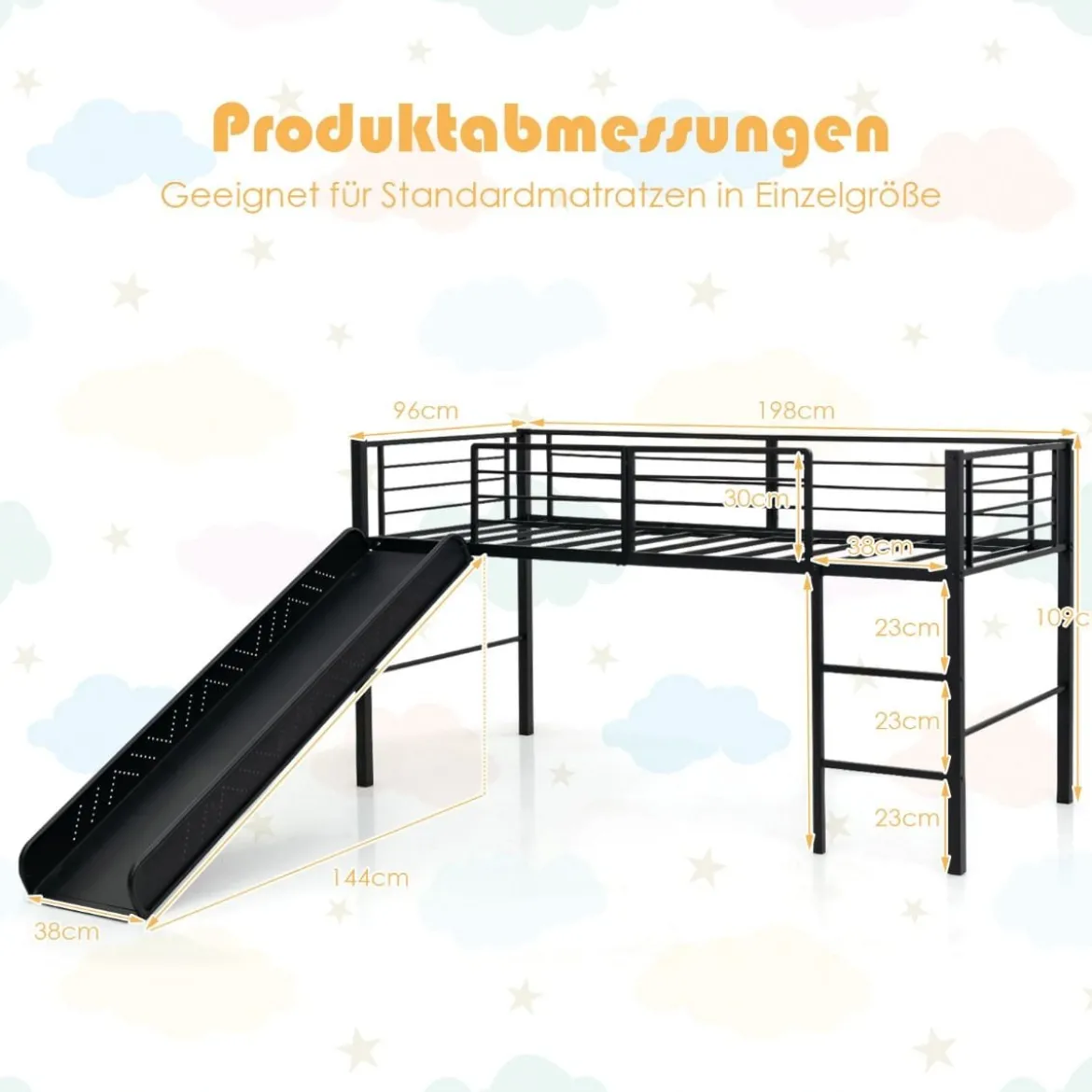 Hochbett Hochbett-Stahlrahmen Kinderbett-Rahmen für Jungs & Mädchen (Matratze nicht enthalten) Schwarz