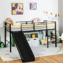 Hochbett Hochbett-Stahlrahmen Kinderbett-Rahmen für Jungs & Mädchen (Matratze nicht enthalten) Schwarz