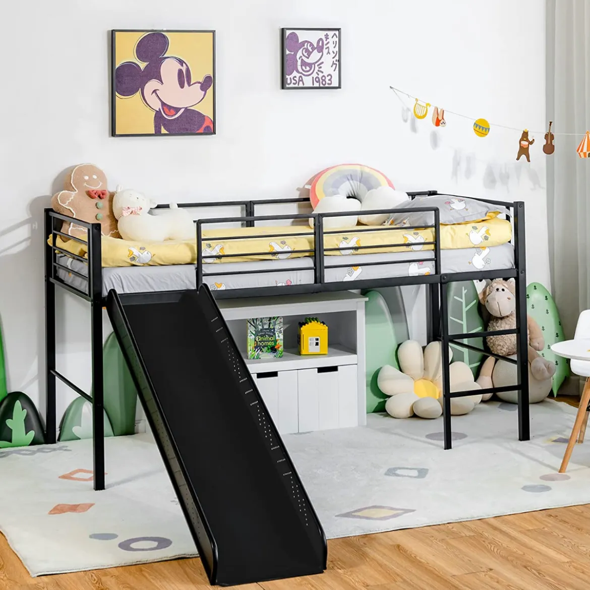 Hochbett Hochbett-Stahlrahmen Kinderbett-Rahmen für Jungs & Mädchen (Matratze nicht enthalten) Schwarz