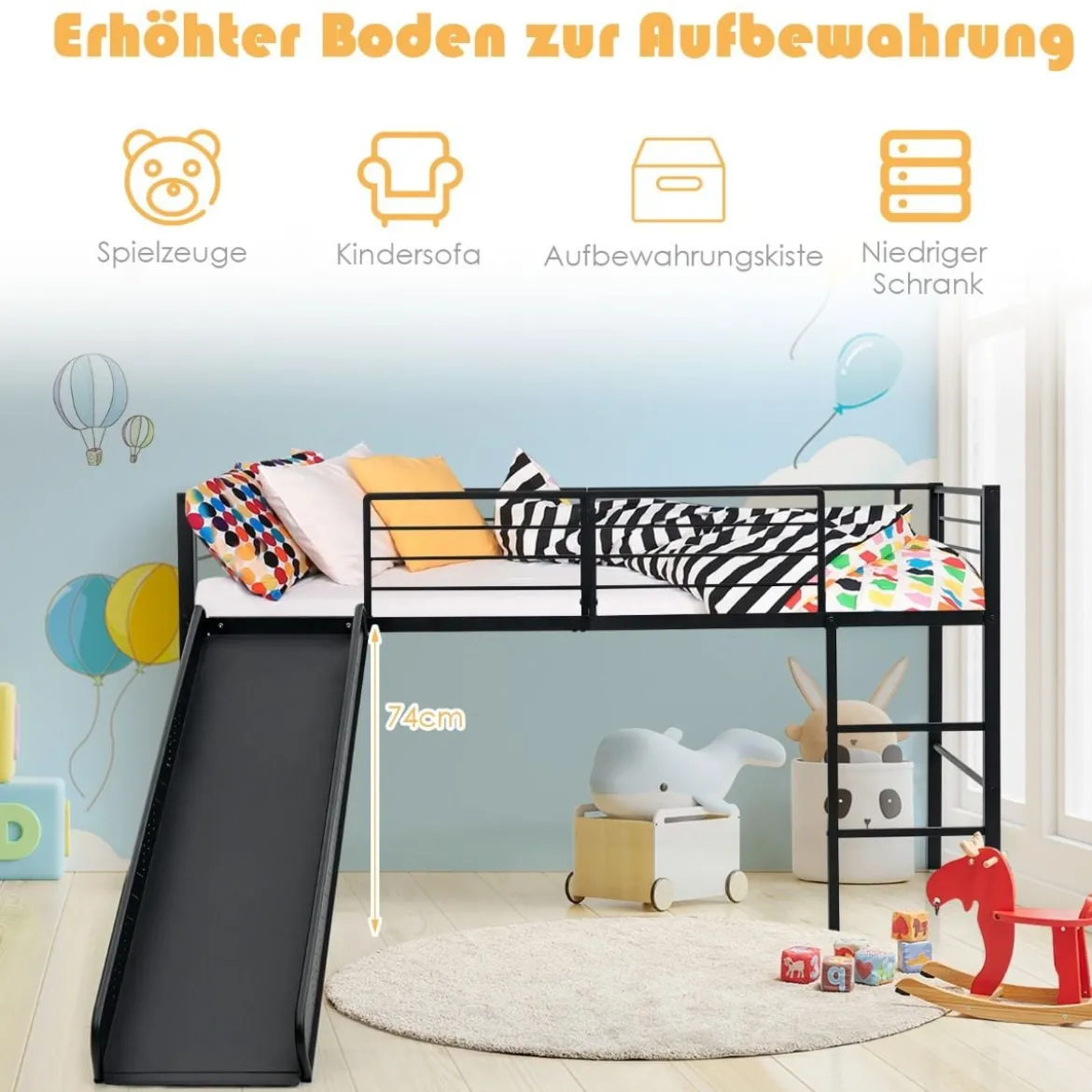 Hochbett Hochbett-Stahlrahmen Kinderbett-Rahmen für Jungs & Mädchen (Matratze nicht enthalten) Schwarz